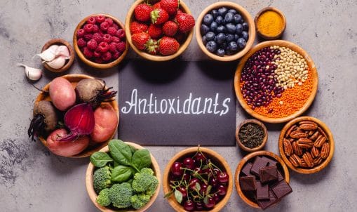 Healthy foods high in antioxidants, top view.